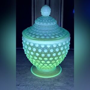 Vintage Fenton Aqua Opalescent Hobnail Lidded Jar—UV Reactive